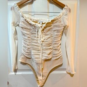 Cream Off-Shoulder Bodysuit Sheer Sleeves Bow Corset Renaissance Milkmaid